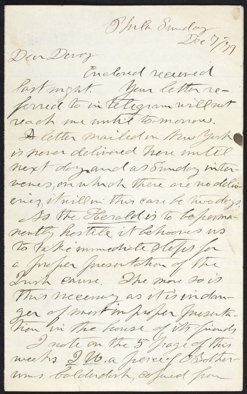 Letter from Dr. William Carroll to John Devoy regarding James J. O'Kelly's visit to Ireland, Carroll suspects that he'll be met with the "same repulse" that was faced by General F. F. Millen,
