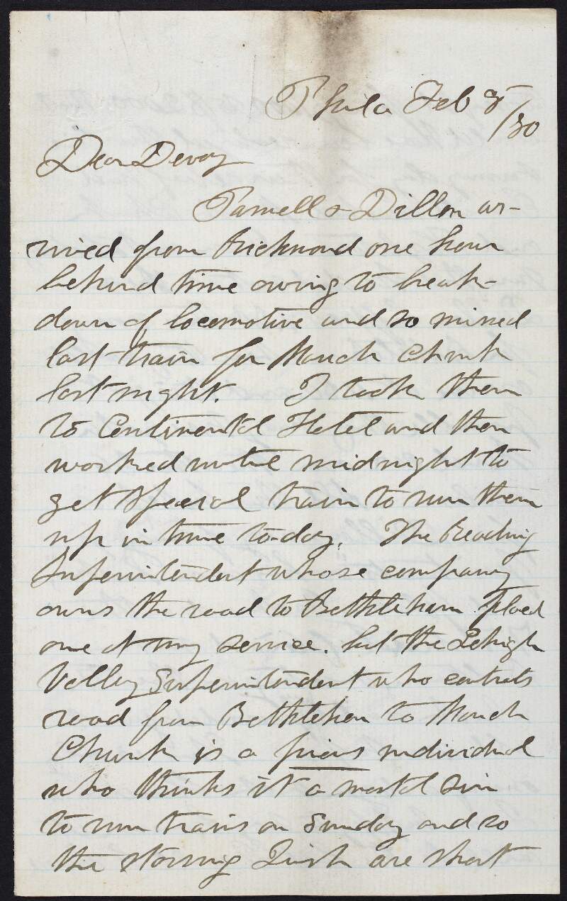 Letter from Dr. William Carroll to John Devoy with details of all the unfortunate mishaps that have taken place during Charles Stewart Parnell and John Dillon's speaking tour of Pennsylvania,
