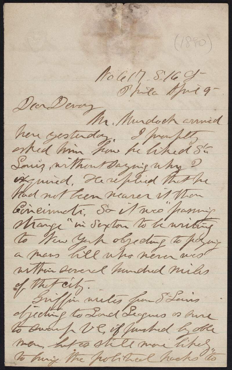 Letter from Dr. William Carroll to John Devoy regarding a possible public meeting with John Murdoch (editor, Highlander) in New York and a report from an embarrassing public meeting in St. Louis with James Stephens,