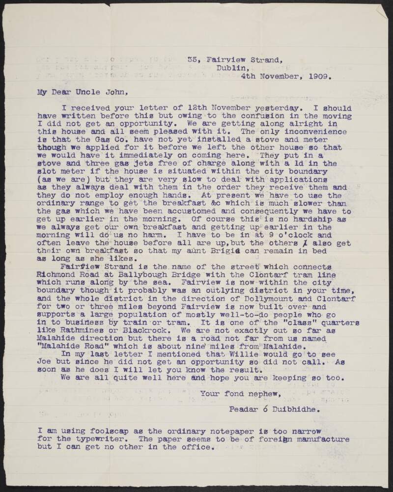 Letter from Peter Devoy, Dublin, to his uncle John Devoy regarding the family's new house and problems with the gas company,