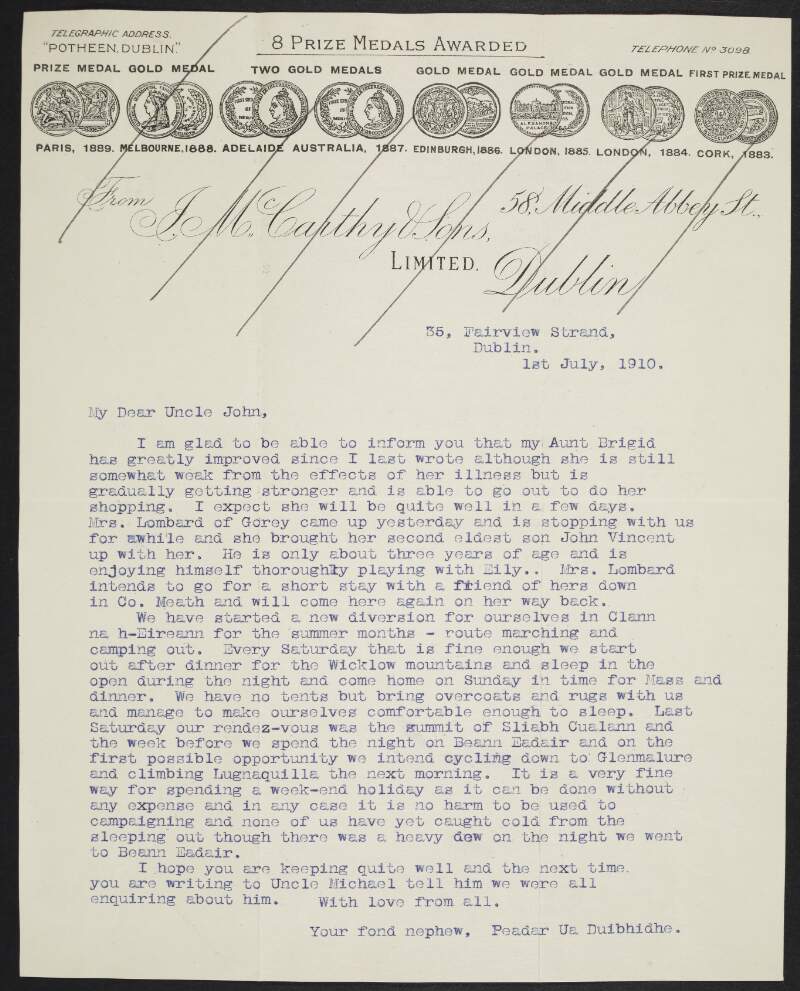 Letter from Peter Devoy, Dublin, to his uncle John Devoy regarding his aunt Brigid's illness, a visit from "Mrs. Lombard", and camping trips with Clann na h-Éireann,