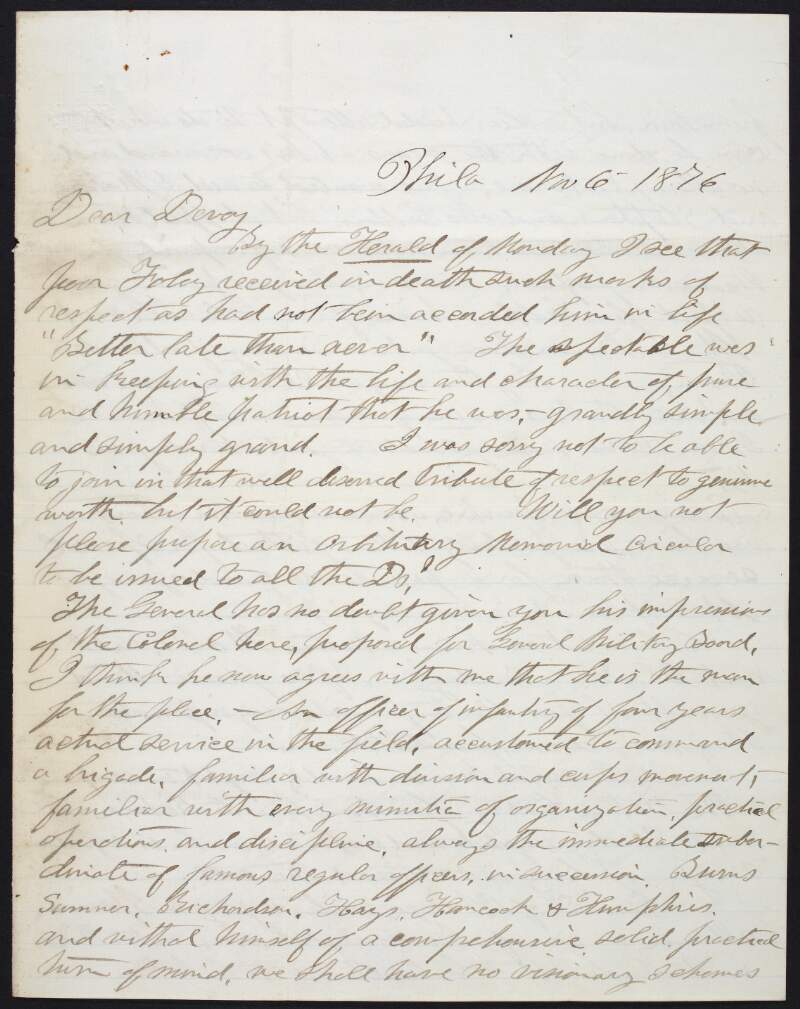 Letter from Dr. William Carroll to John Devoy regarding William Foley's death, credentials of the Colonel proposed for the General Military Board, and a suggestion of a Spanish alliance, and persecution of "Collins" and "Kelleher" by "Doherty",