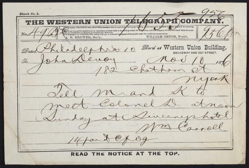 Telegram from Dr. William Carroll to John Devoy regarding instructions for "M" and "K." to meet "Col. D.",
