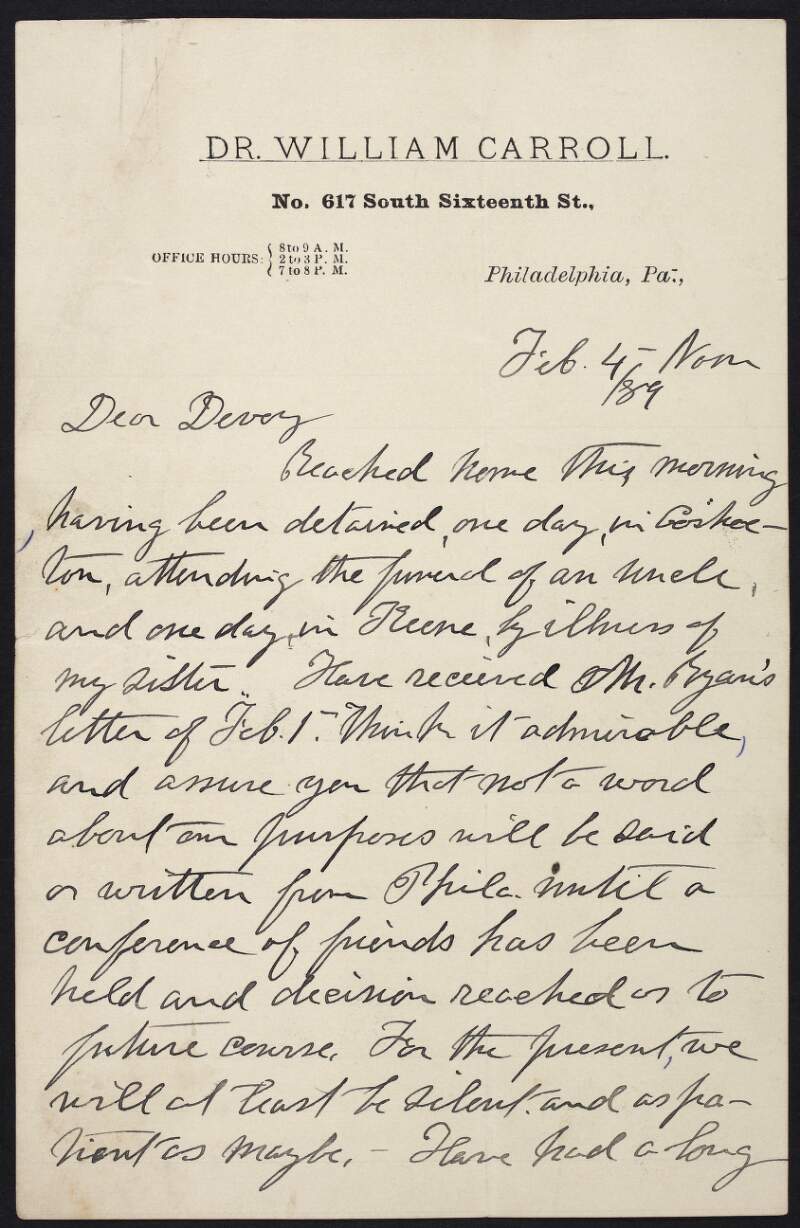 Letter from Dr. William Carroll to John Devoy regarding internal politics within Clan na Gael and the charges against Alexander Sullivan,