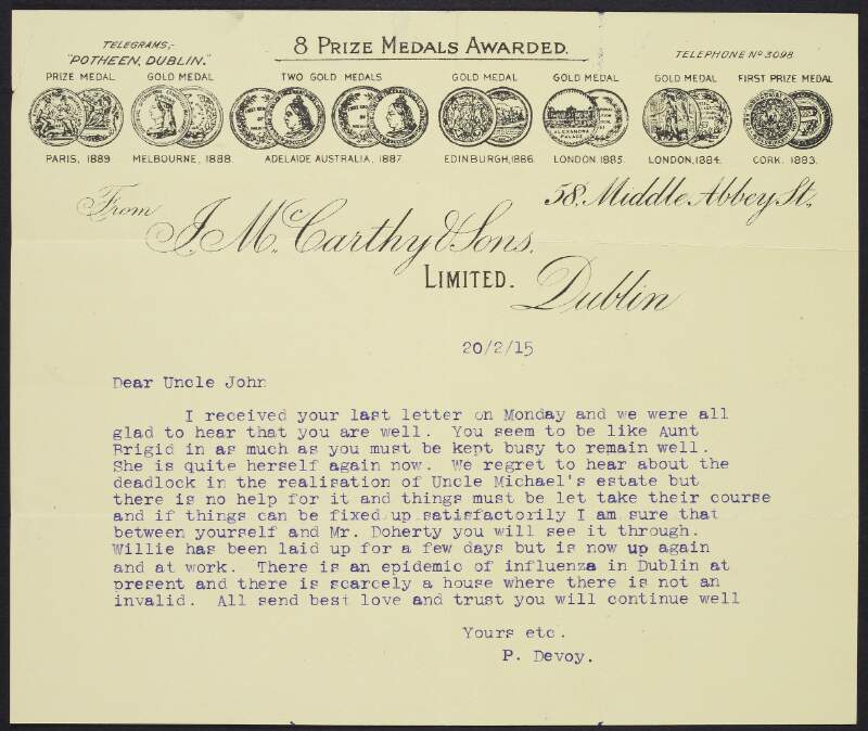 Letter from Peter Devoy, Dublin, to his uncle John Devoy regarding problems with John's late brother Michael's estate, and an outbreak of influenza in Dublin,
