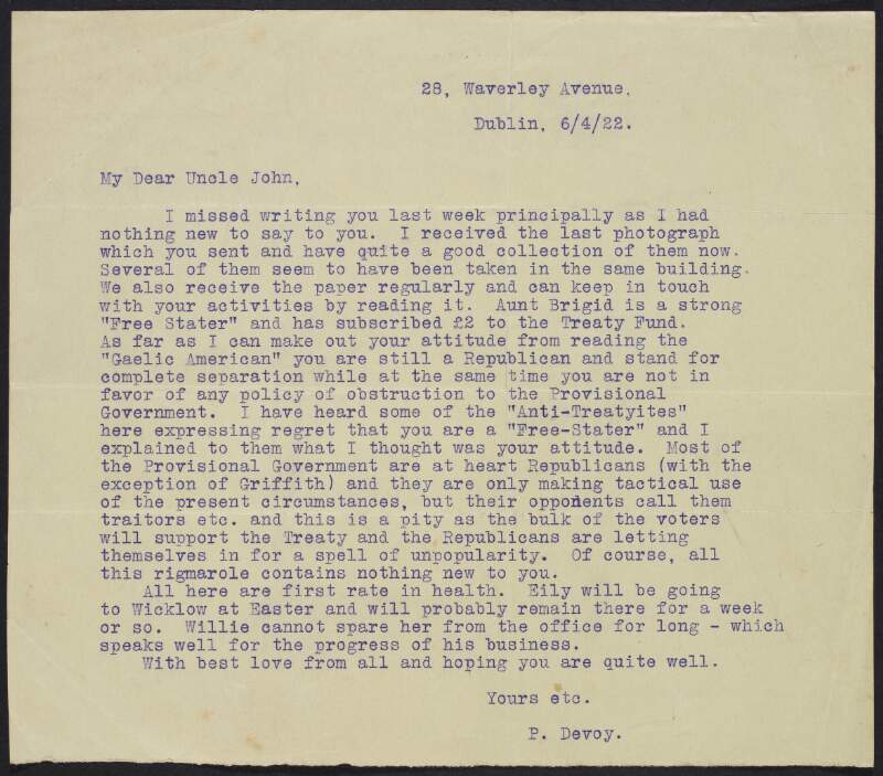 Letter from Peter Devoy, Dublin, to his uncle John Devoy regarding divisions over the Anglo-Irish Treaty,
