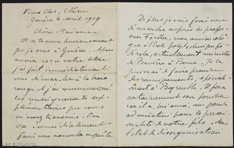 Letter from Paul Seippel to Marguerite Lemercier, concerning the search for Eugène Lemercier,