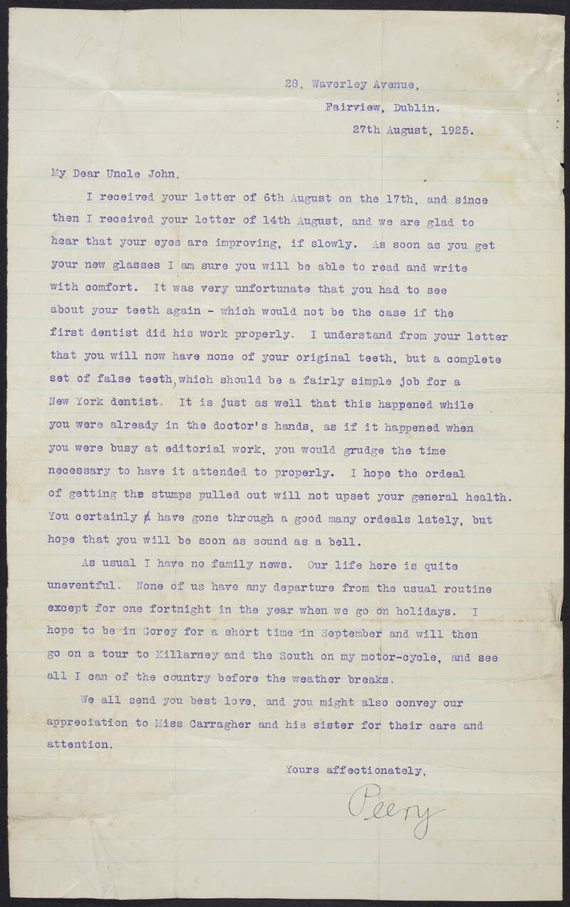 Letter from Peter Devoy, Dublin, to his uncle John Devoy regarding the improvement in John's eyesight, the likelihood that John will be getting false teeth and Peter's plans for his holidays,
