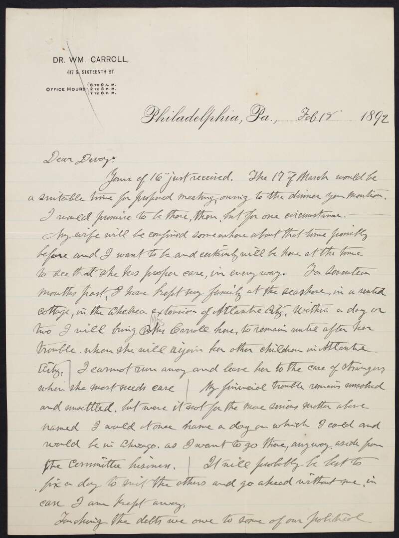 Letter from Dr. William Carroll to John Devoy regarding the current unemployment of Michael Breslin in New York and Carroll's "financial trouble" which remains "unsolved and unsettled",