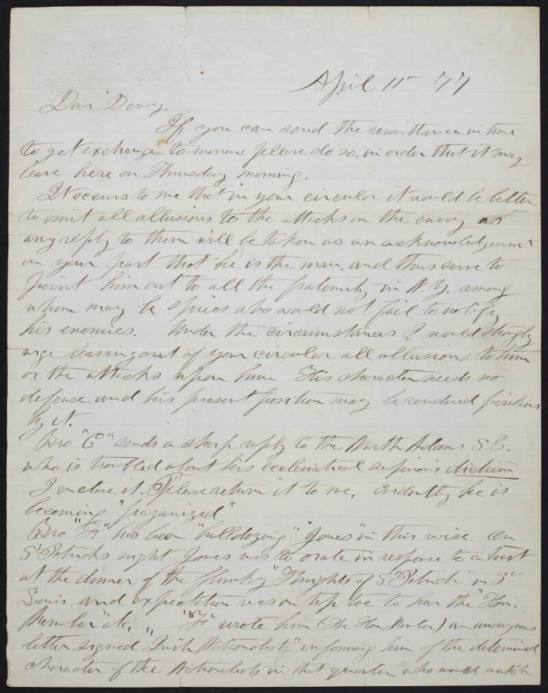 Letter from Dr. William Carroll ("X") to John Devoy regarding mentions of the envoy in Devoy's circular, "F"'s attack on ""Jones"", and appointment for John Quigley relating to the Investigating Committee's report,