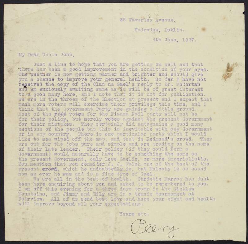 Letter from Peter Devoy, Dublin, to his uncle John Devoy regarding the Irish general election,