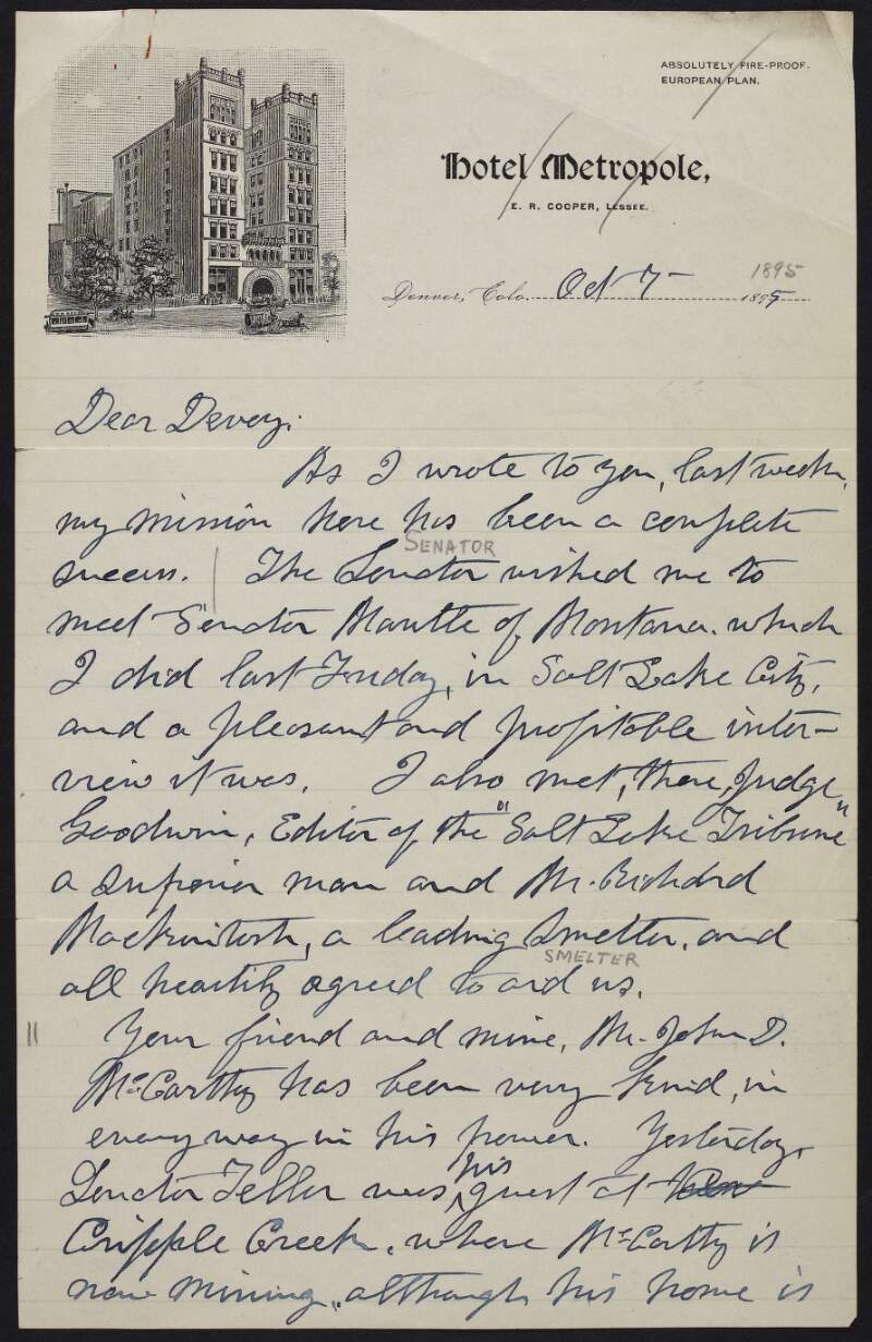 Letter from Dr. William Carroll to John Devoy regarding his recent meetings with Senator [Lee] Mantle from Montana and Judge [Charles Carroll] Goodwin (editor of the 'Salt Lake Tribune'),