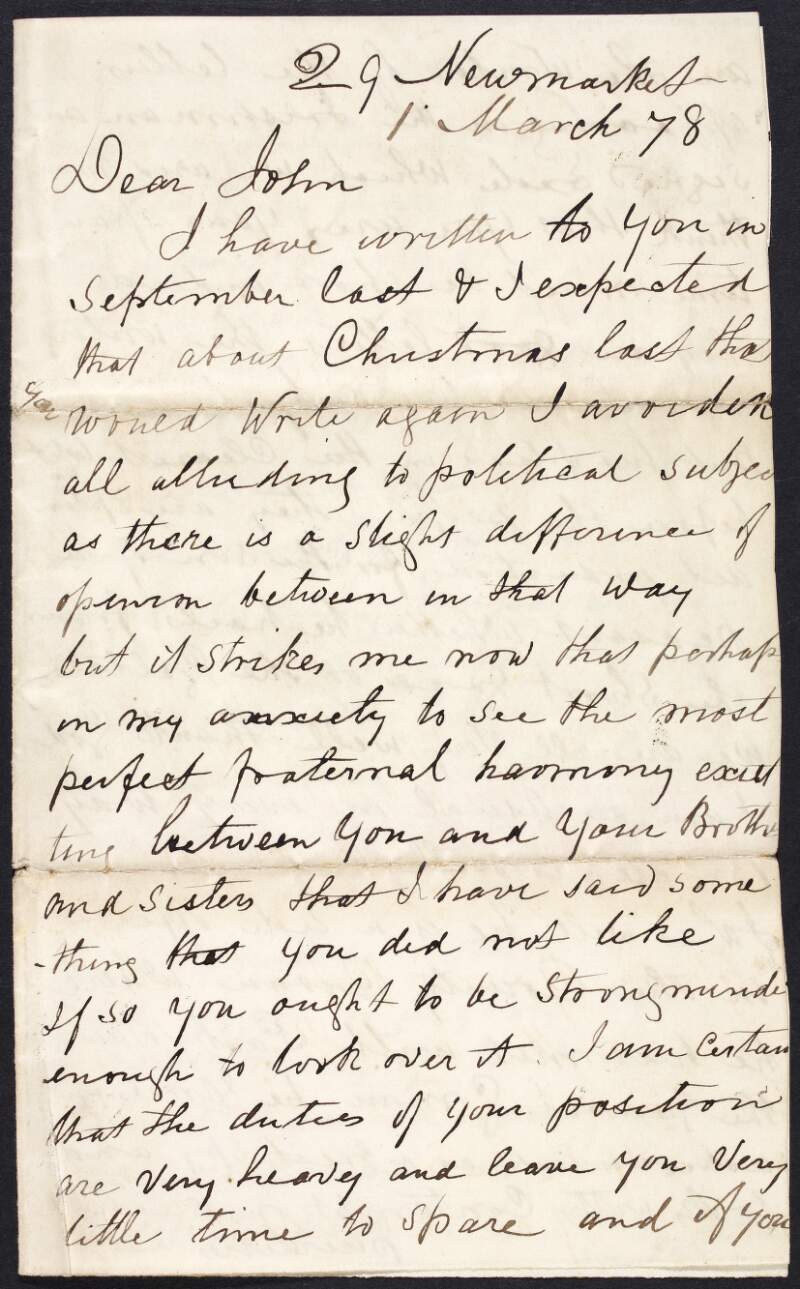 Letter from William Devoy to his son John Devoy expressing his anxiousness at not having heard from John, asking him if he is writing letters to the 'Irishman' newspapers under the name "Exile", and giving him news of his brothers and sisters,