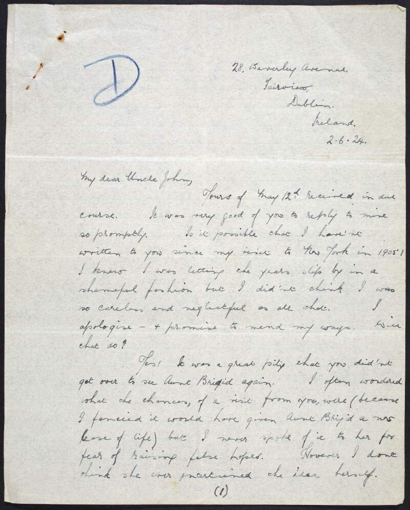 Letter from Eileen Devoy, Dublin, to her uncle John Devoy regarding her visit to New York as a child, recounting an Auxiliary raid on their house, and asking him to come over to Ireland,