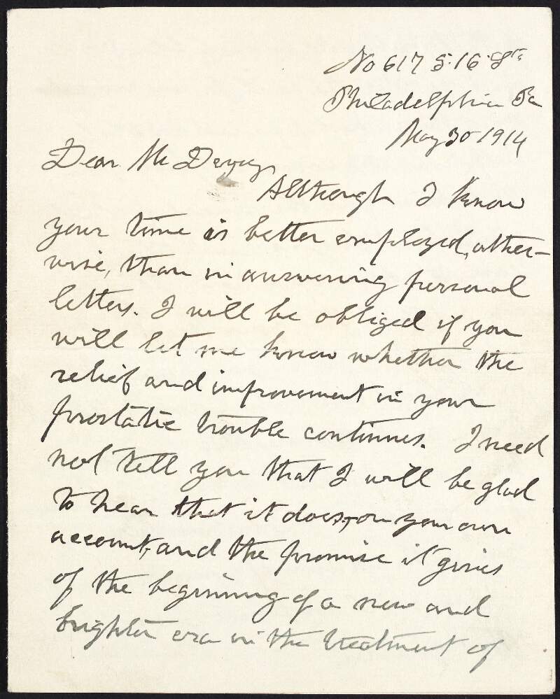 Letter from Dr. William Carroll to John Devoy with news that T. P. O'Connor from Laffana, Tipperary is currently in hospital with kidney problems,