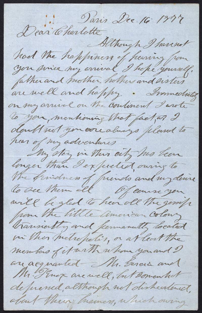 Letter from Dr. William Carroll ("Henry") to John Devoy ("Charlotte") regarding meetings with contacts in Paris, including "Mr. Brunnell", "Mr. Garcia", and "Mr. Moore", who has renewed efforts to acquire the 'Irishman',