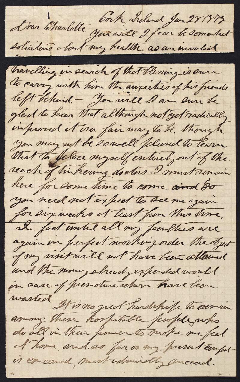 Letter from Dr. William Carroll ("J. Hendry") to John Devoy ("Charlotte") regarding postponement of Carroll's return to America, "Dr. Mulgal"'s dissatisfaction with his case, and a loan of $700 required in order to pay a claim against James S. Stewart,