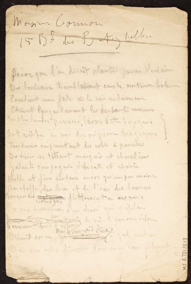 Loose sheet in Eugène Lemercier's handwriting with the address of "monsieur Cormon [painter], 15 bd des Batignolles" and a poem,
