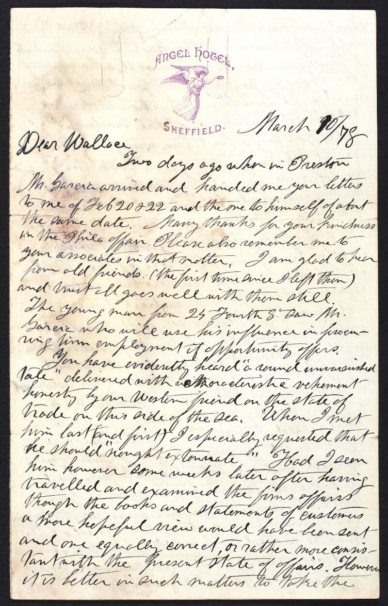 Letter from Dr. William Carroll ("C. Usher") to John Devoy ("Wallace") regarding payment of the claim against James S. Stewart, a meeting convened by Carroll and John O'Connor ("Garcia") with the Irish Republican Brotherhood, their plans to meet James J. O'Kelly ("Blake") in London, and a narrow escape from arrest on foot of a circular sent in error,