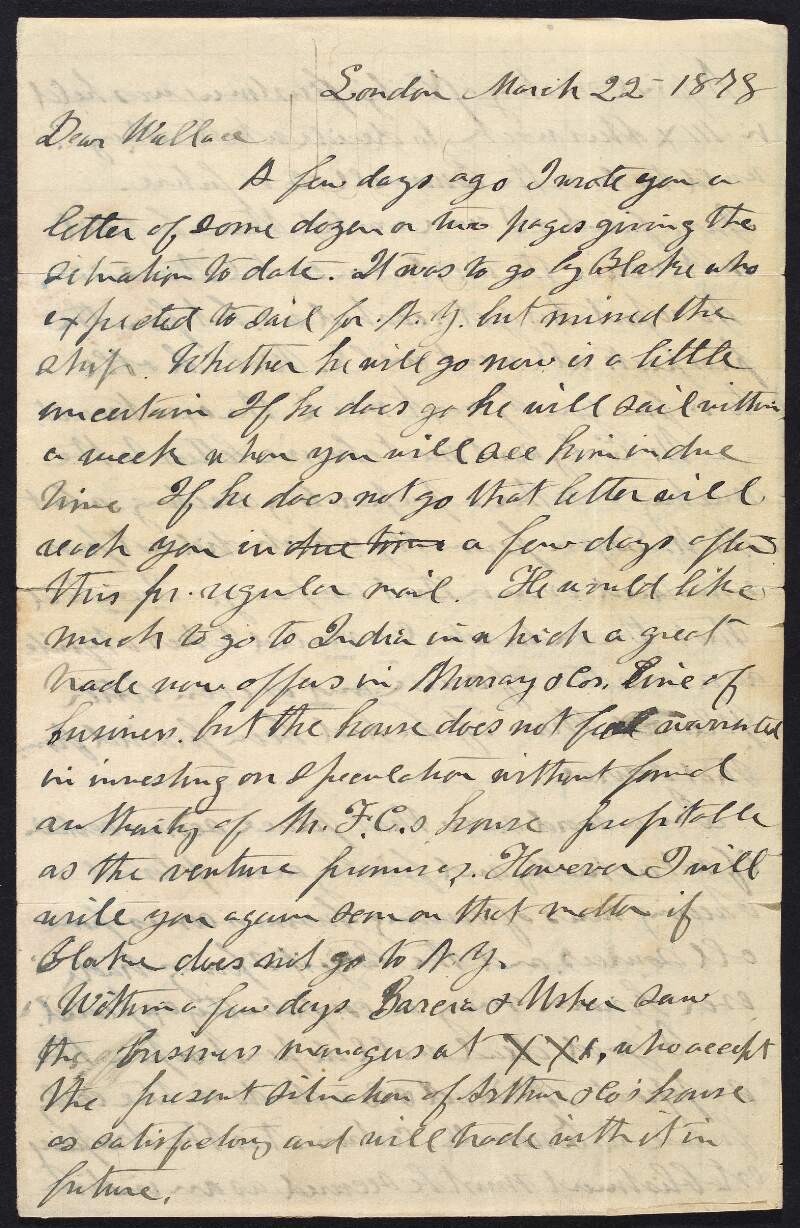 Letter from Dr. William Carroll ("Clinch") to John Devoy ("Wallace") regarding James J. O'Kelly's ("Blake"'s) travel plans, the relationship between Clan-na-Gael and the Irish Republican Brotherhood, letters from James Stephens insulting Carroll, a planned meeting with F. H. O'Donnell and Charles Stewart Parnell, and the latter's meeting with the Russian ambassador,
