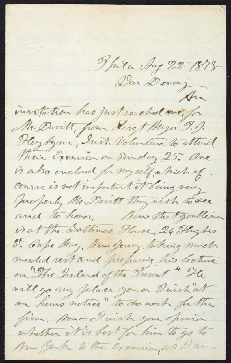 Letter from Dr. William Carroll to John Devoy seeking advice regarding an invitation to an excursion in New York for Michael Davitt from the Irish Volunteers and possible interference with other events,