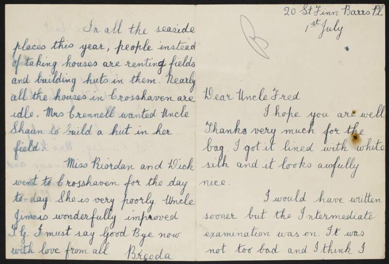Letter from Breeda O'Brien, 20 St. Finn Barrs Place, Cork, to her uncle Fred Cronin at Hare Park Camp (Curragh), Co. Kildare, about her music examination and other news,
