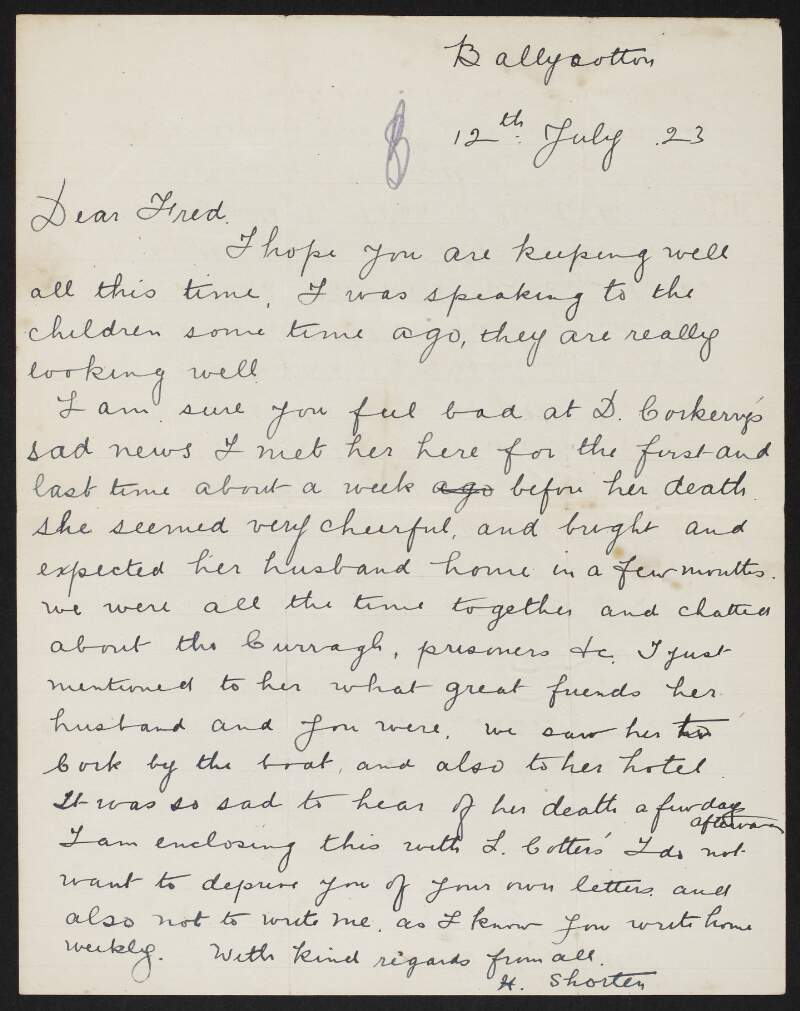 Letter to Fred Cronin at Hare Park Camp (Curragh), Co. Kildare, from H. [Hannah?] Shorten, Ballycotton, Co. Cork, about the death of Dan Corkery's wife Mary,