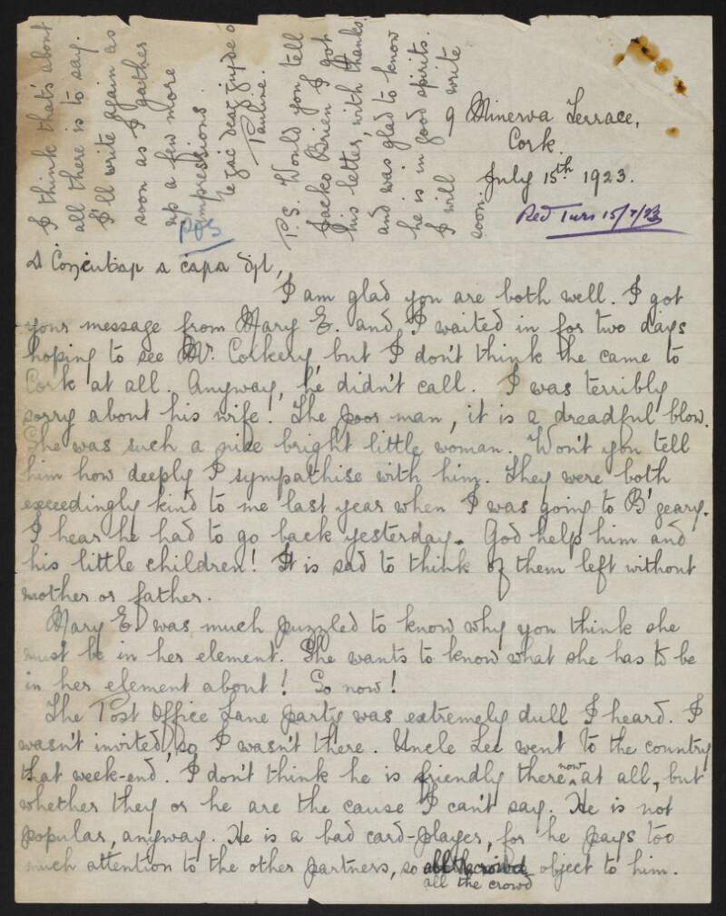 Letter to Fred Cronin at Hare Park Camp (Curragh), Co. Kildare, from Pauline Henley, 9 Minerva Terrace, Cork, about the death of Dan Corkery's wife Mary, the establishment of a new political party in Cork called the Progressive Association, and the political mood in Cork,