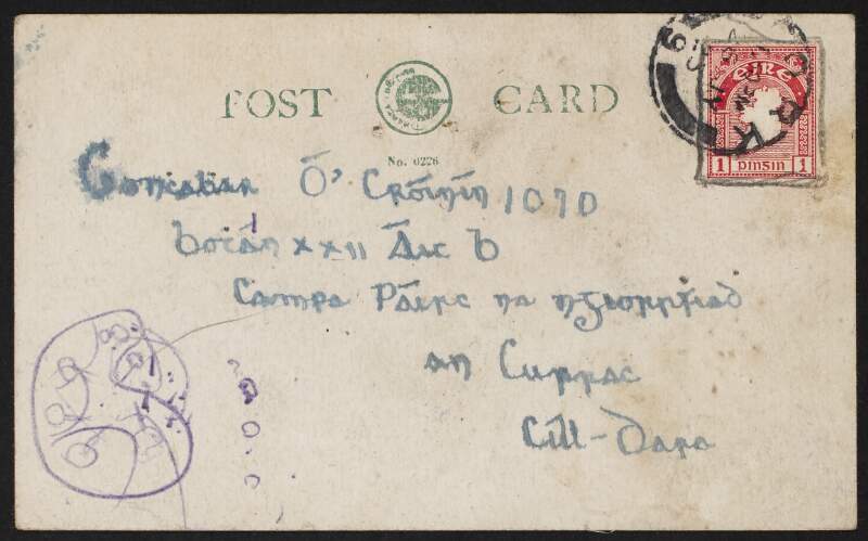 Postcard in Irish to Fred Cronin at Hare Park Camp (Curragh), Co. Kildare, from his son Risteárd  Cronin, about their impending trip to Ballycotton, Co. Cork,