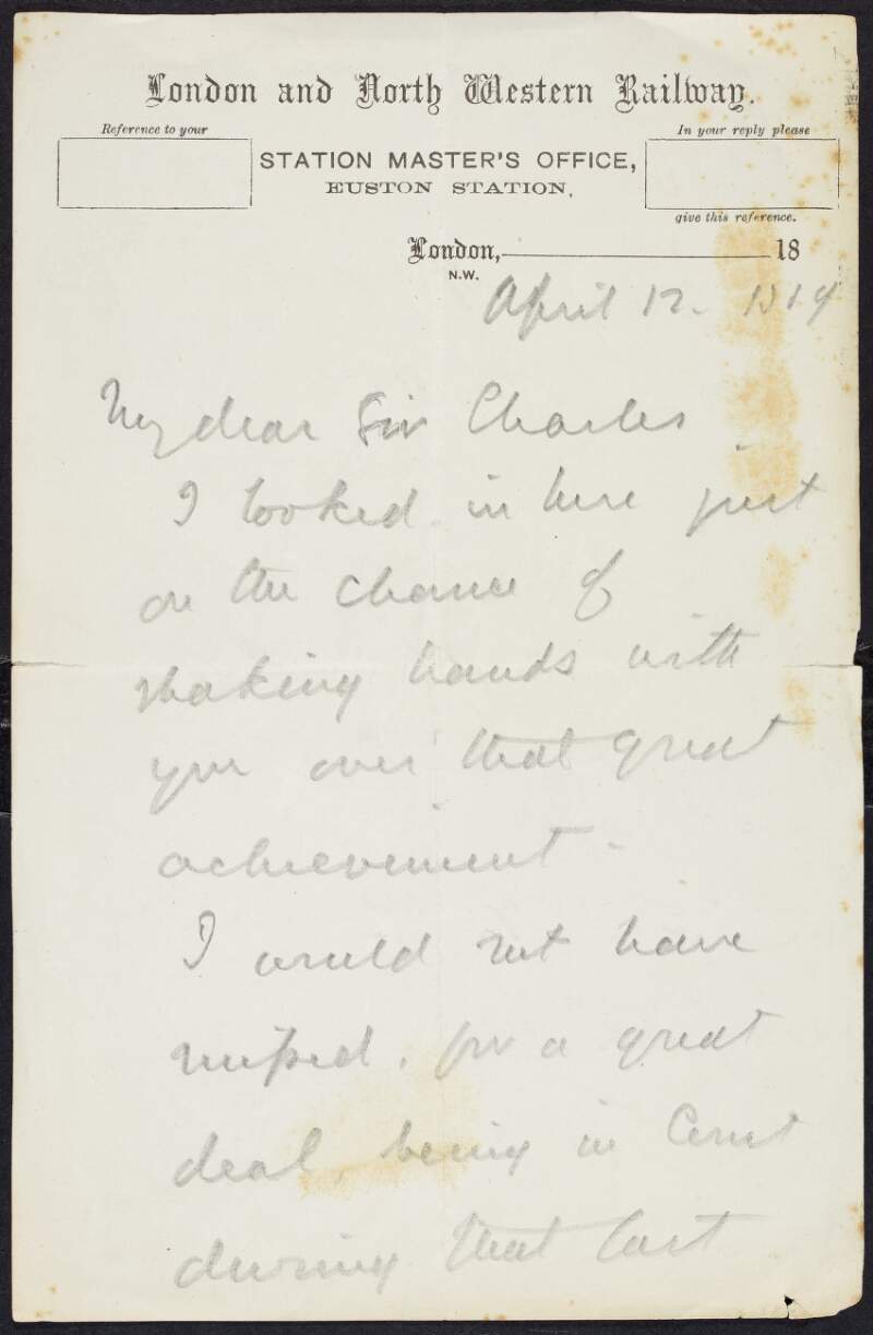 Letter from John Campbell Hamilton-Gordon, 7th Earl of Aberdeen to Sir Charles Russell, congratulating him on his success in the Parnell Commission hearings,