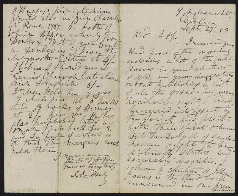 Letter from John O'Daly, 9 Anglesea St., Dublin, to Reverend James Goodman regarding the Ossianic Society and publications,