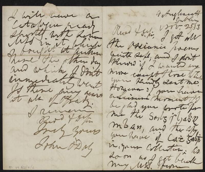 Letter from John O'Daly, 9 Anglesea St., Dublin, to Reverend James Goodman regarding Ossianic poems,