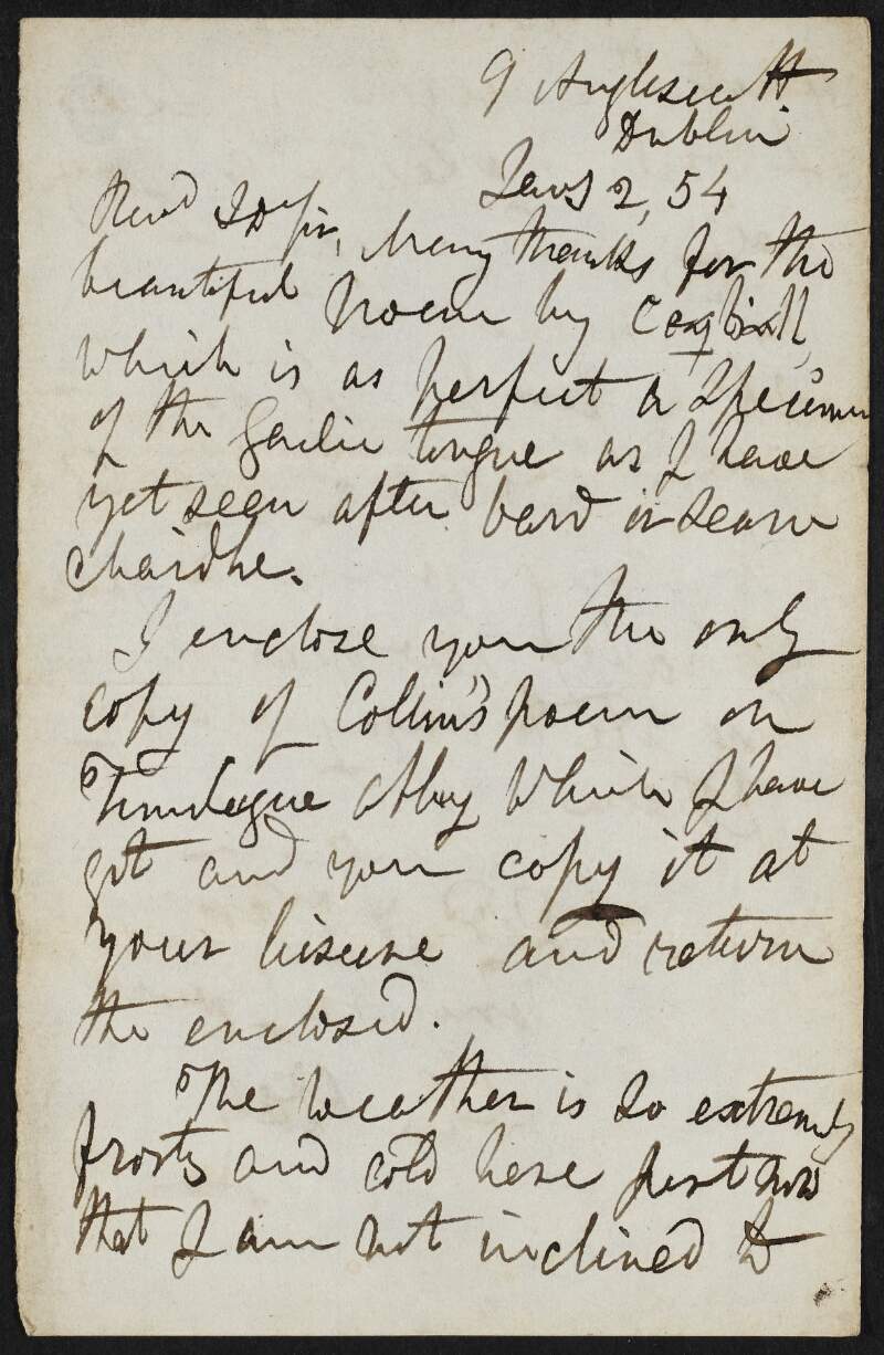Letter from John O'Daly, 9 Anglesea St., Dublin, to Reverend James Goodman thanking him for sending him a poem in Gaelic,