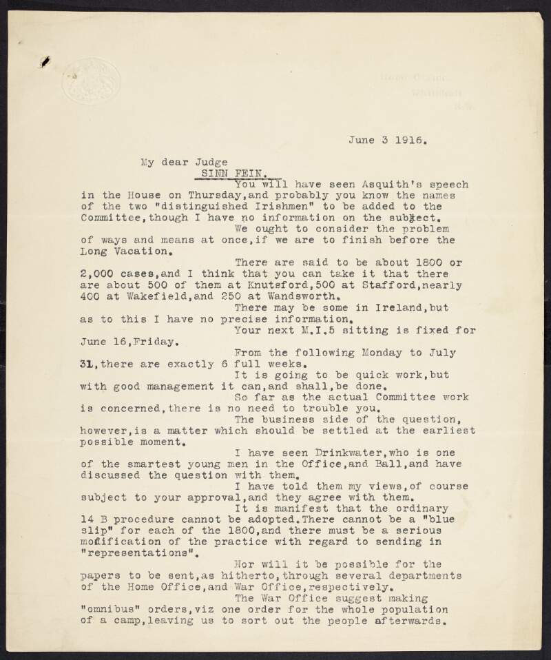 Letter from W.J.H. Brodrick, Home Office, Whitehall, London, to Sir John Sankey, regarding the number of cases that the Committee will have to deal with, in the aftermath of the Easter Rising 1916,