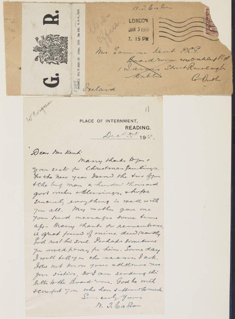 Letter from W.T. Cosgrave, Reading Gaol, to Áine Ceannt, thanking her and her sister for their Christmas greetings,