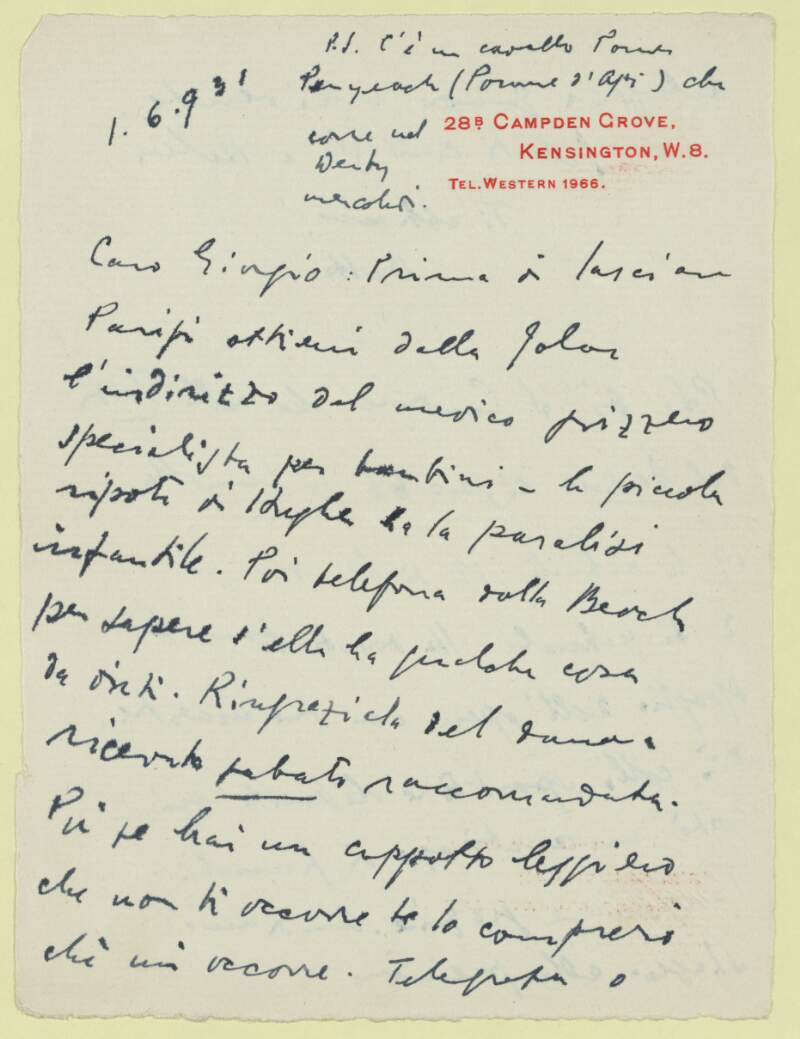 I.i.7. Letter: from James Joyce, 28B Campden Grove, Kensington, London W.8 to Giorgio Joyce,