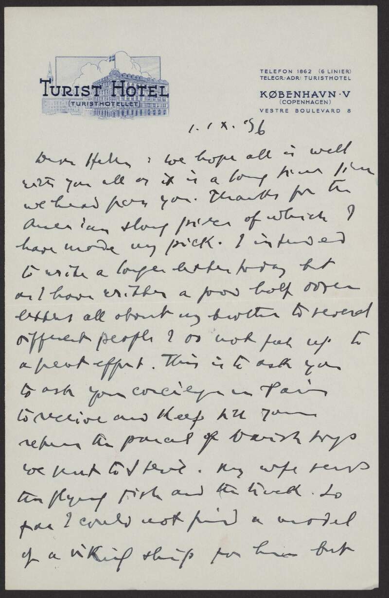 I.iv.11. Letter: from James Joyce, Turist Hotel, Vestre Boulevard 8, Copenhagen to Helen Joyce,