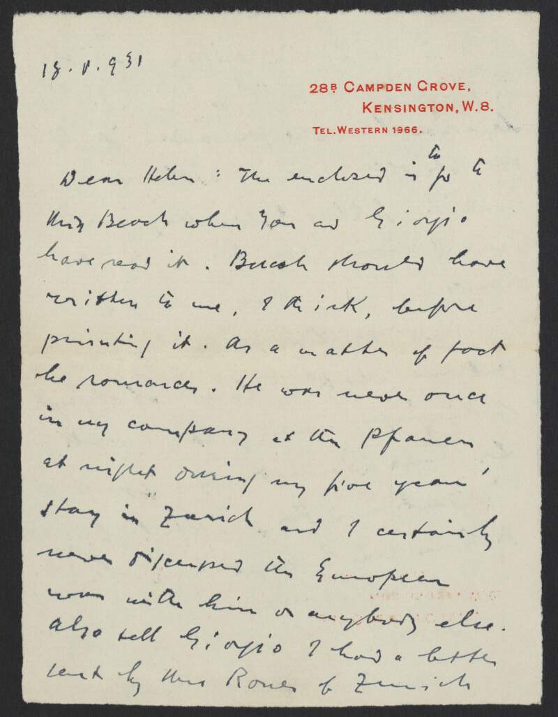 I.iv.2. Letter: from James Joyce, 28B Campden Grove, Kensington, London W.8 to Helen Joyce,