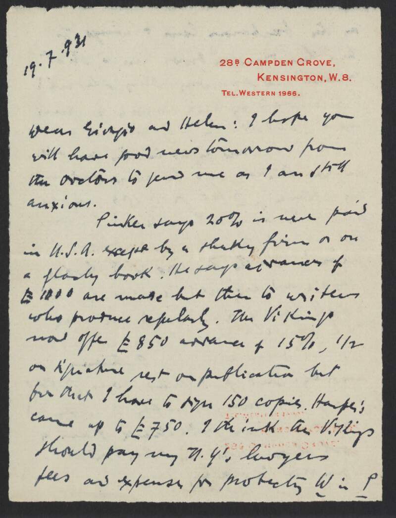 I.ii.5. Letter: from James Joyce, 28B Campden Grove, Kensington, London W.8 to Giorgio and Helen Joyce,