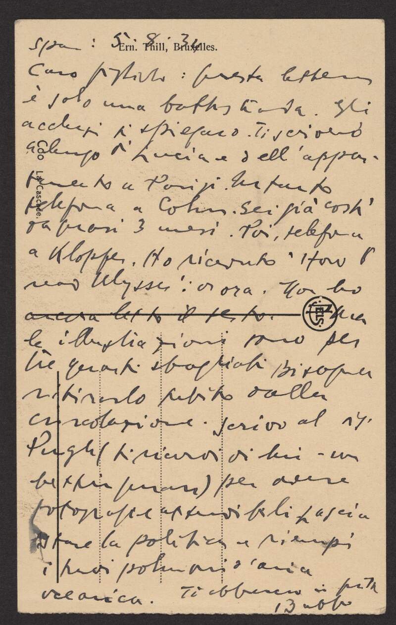 I.i.19. Postcard: from James Joyce, Brussels [?] to Giorgio Joyce