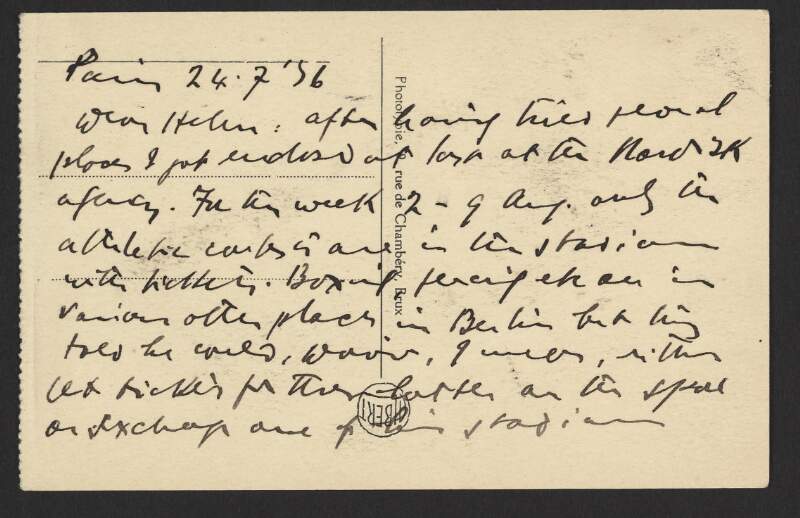 I.iv.9. Postcards: from James Joyce, [7 rue Edmond Valentin] Paris to Helen Joyce,