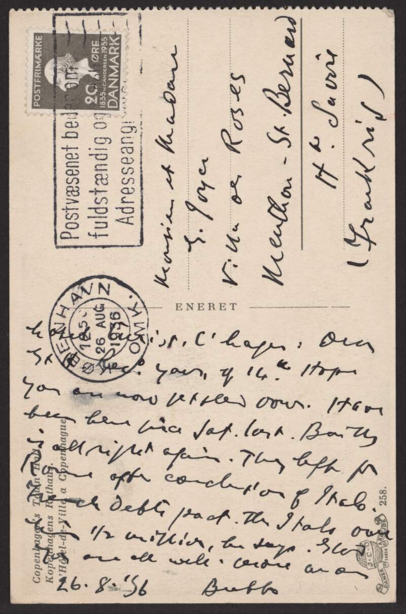 I.ii.16. Postcard: from James Joyce, Turist Hotel, Vestre Boulevard 8, Copenhagen to Giorgio and Helen Joyce,