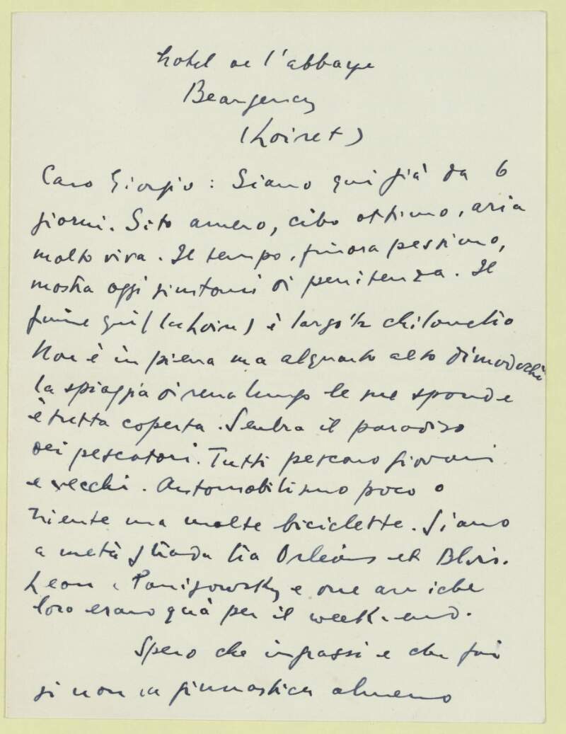 I.i.31. Letter: from James Joyce, Hôtel de l'Abbaye, Beaugency (Loiret) to Giorgio Joyce,