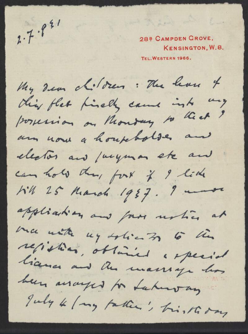 I.ii.2. Letter: from James Joyce, 28B Campden Grove, Kensington, London W.8 to Giorgio and Helen Joyce,