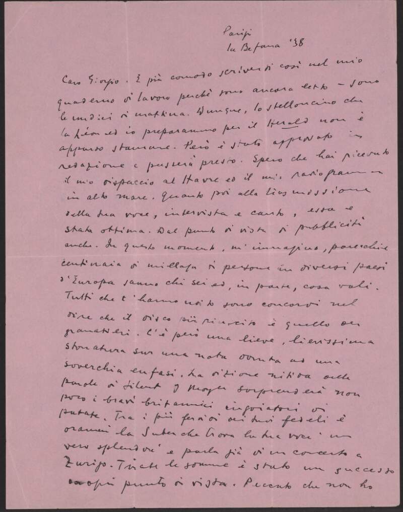 I.i.37. Letter: from James Joyce, 7 rue Edmond Valentin, Paris 7 to Giorgio Joyce,