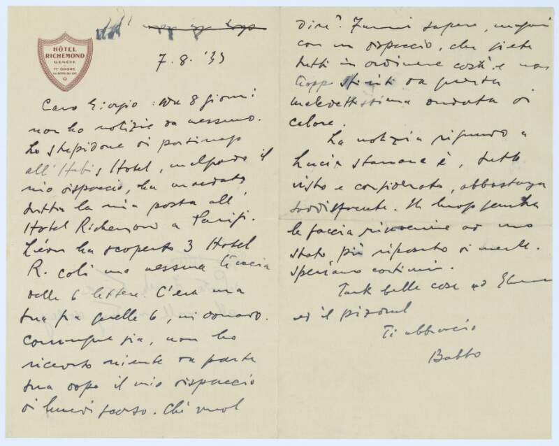 I.i.17. Letter: from James Joyce, Hôtel Richemond Genève to Giorgio Joyce