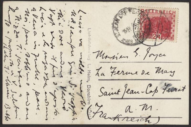 I.i.12. Postcard: from James Joyce, Hotel zum Löwen, Feldkirch to Giorgio Joyce,