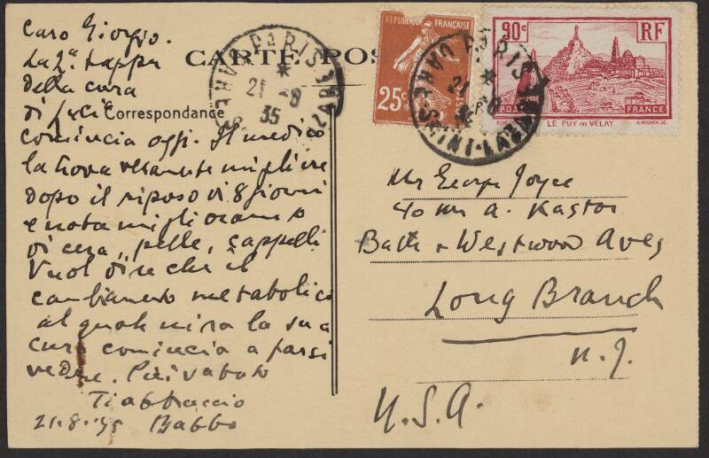 I.i.27. Postcard: from James Joyce, 7 rue Edmond Valentin, Paris 7 to Giorgio Joyce,