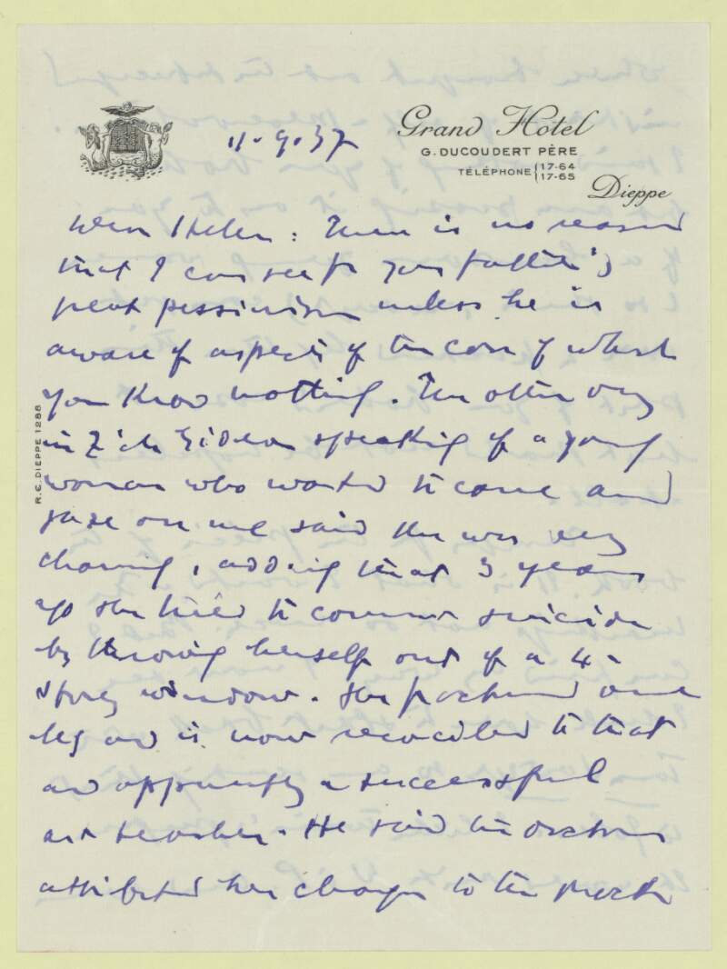 I.iv.14. Letter: from James Joyce, Grand Hôtel Dieppe to Helen Joyce,