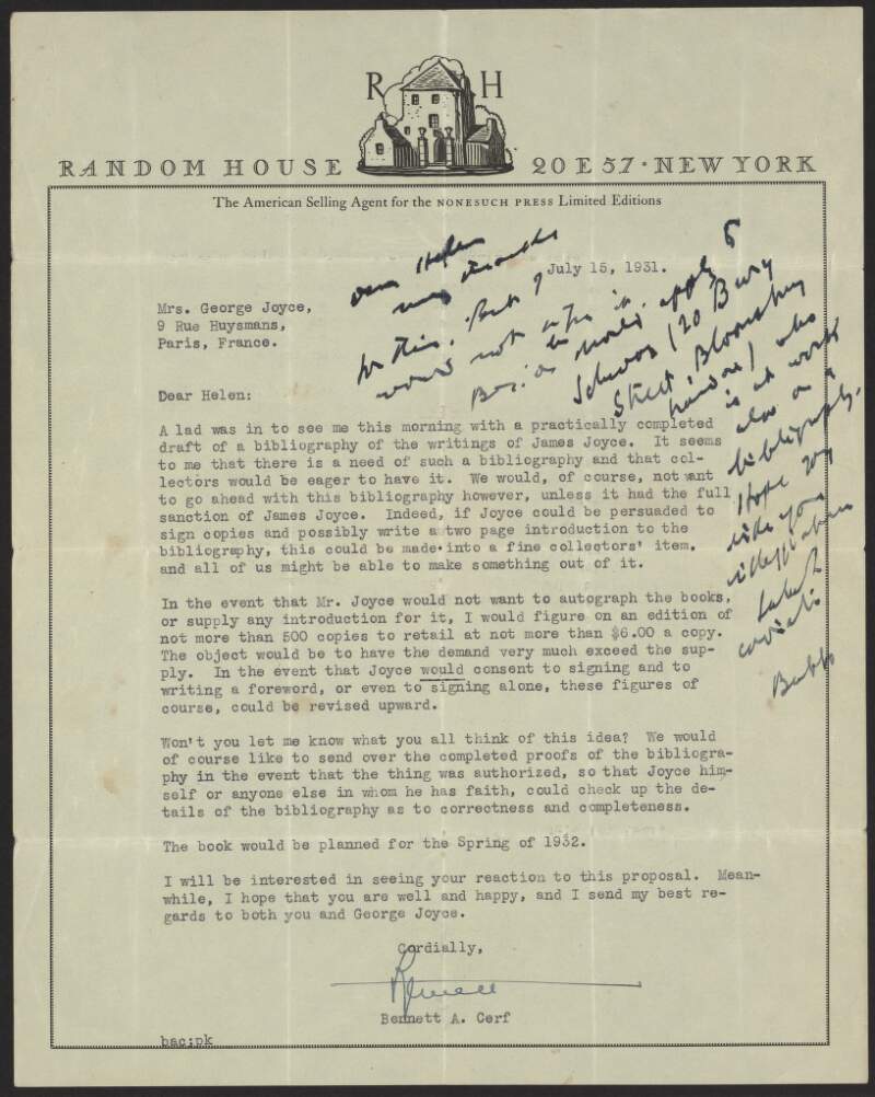 I.iv.4. Letter: from Bennett A. Cerf, Random House, NY., with a note by James Joyce, 28B Campden Grove, Kensington, London W.8 to Helen Joyce,